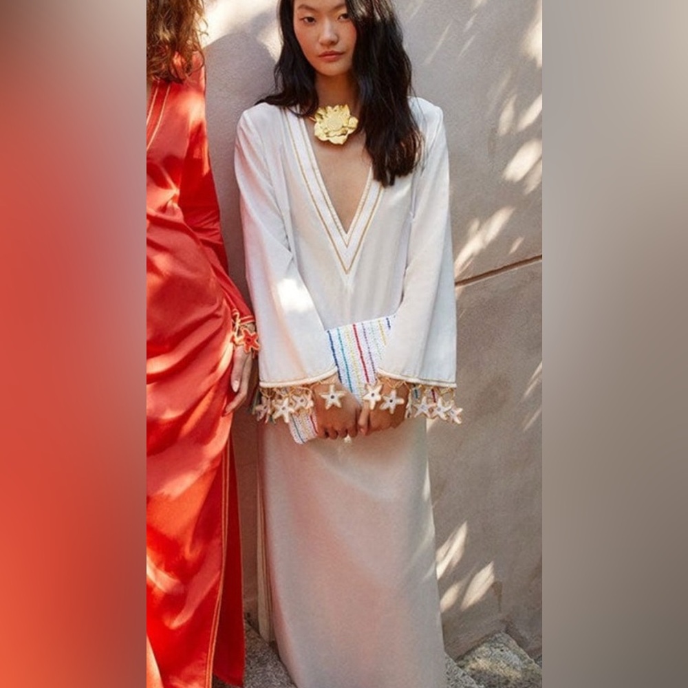 NWT My Beachy Side Off White Anouk Caftan Cover Up with crochet stars size M